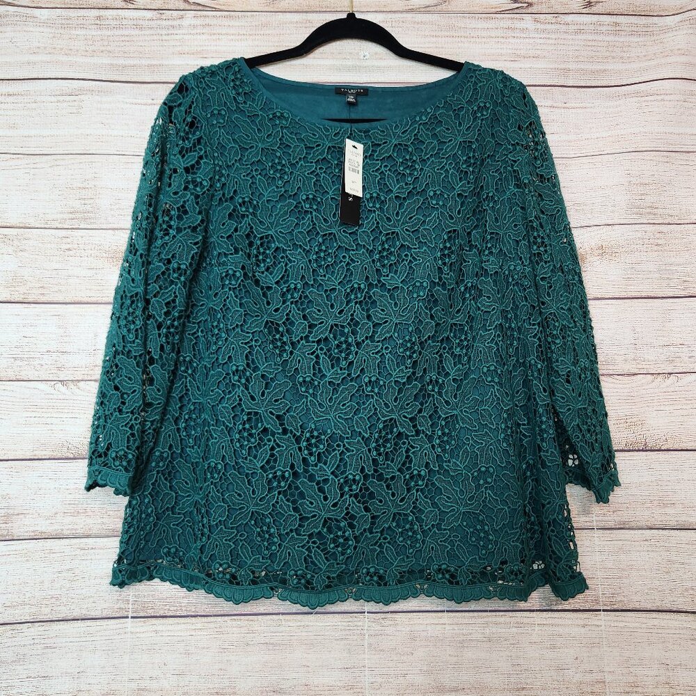 Talbots Cotton Lace Blouse Green 14P Lined NWT Hidden Side Zipper Blouse Top